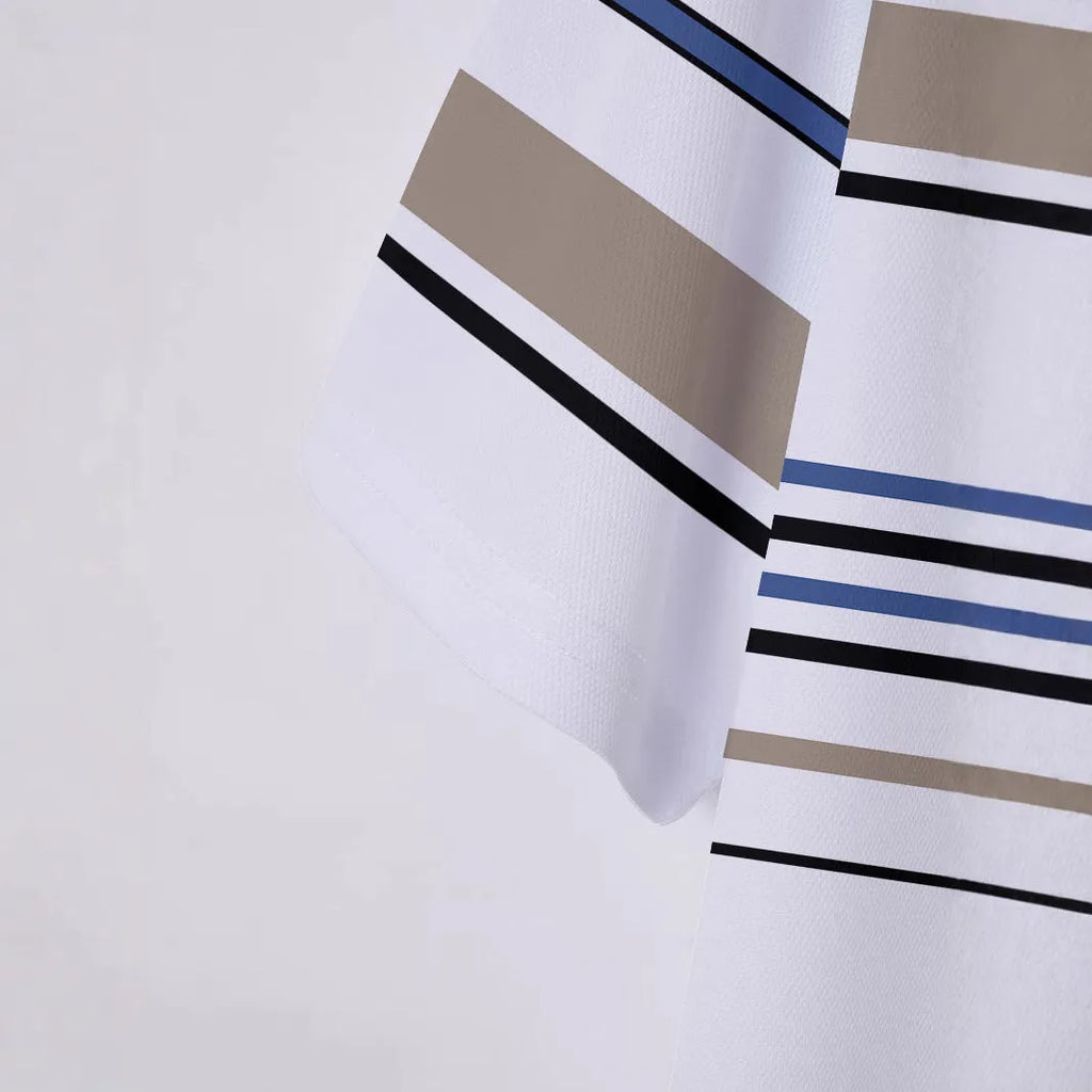 Men's white striped short sleeve T-shirt on hanger showing business casual style