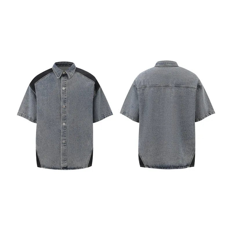 Retro washed denim short-sleeve suit jacket and matching trousers in blue, laid flat.