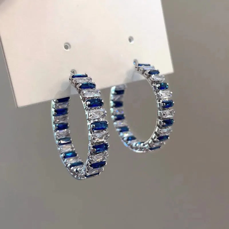 Large copper hoop earrings for women with geometric quadrilateral shape and inlaid zircon in white gold colour finish