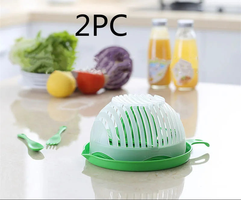 Blue salad cutter bowl showing removable cutting lid placed on a base with a raised rim.
