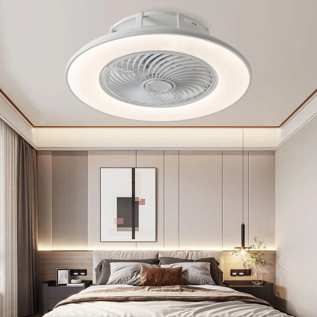 Invisible ceiling fan light with retracted ABS blades and acrylic shade in white finish