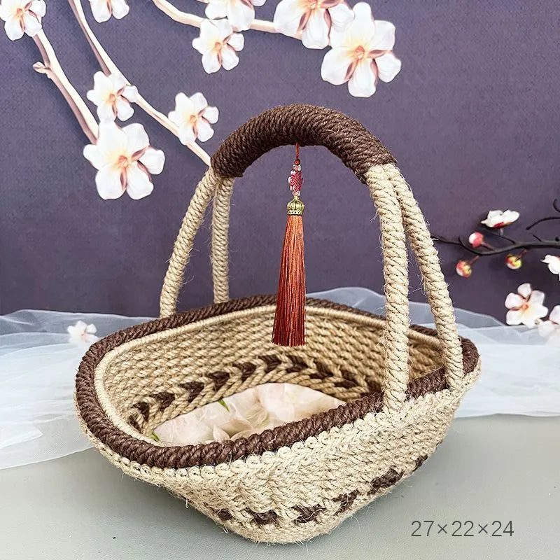 Hand-woven straw basket with hemp rope finish in pastoral retro style