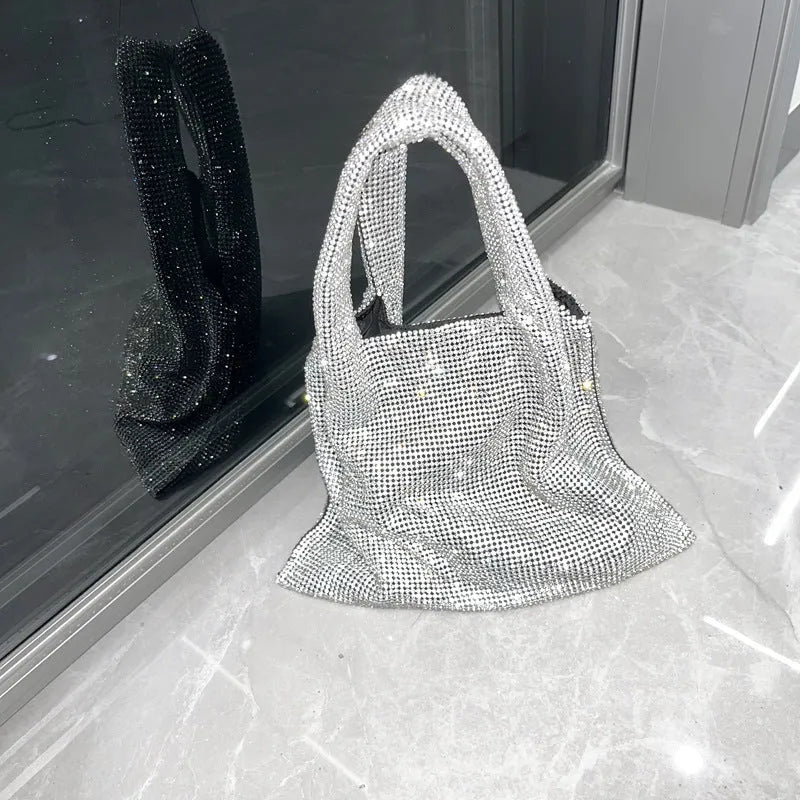 Silver handbag with rhinestone decoration made from cotton thread, open pocket design