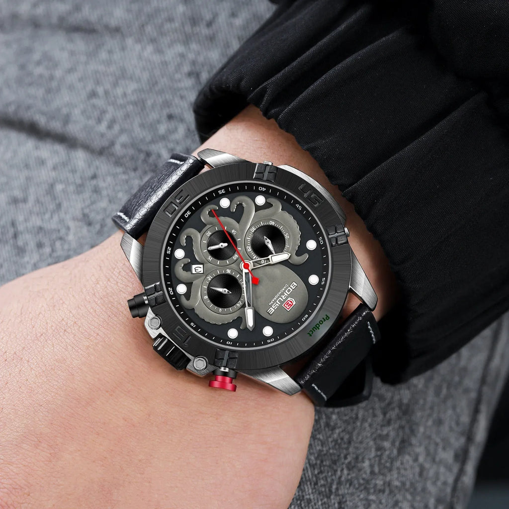 Men's octopus design waterproof quartz watch with luminous display in blue or black colour options