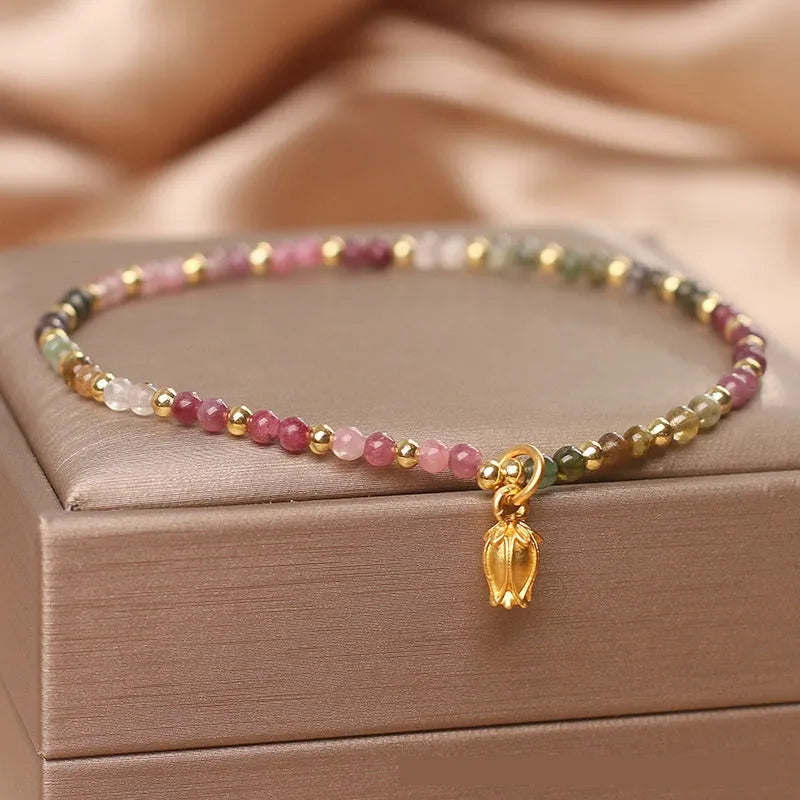 Natural tourmaline beaded anklet with flower design, adjustable chain with secure clasp