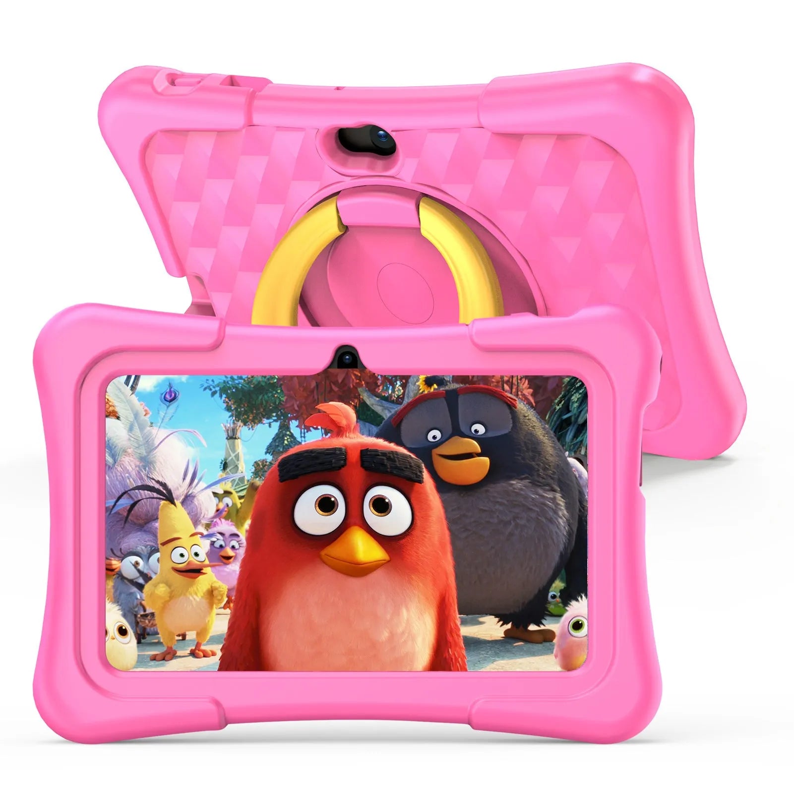 Blue children's tablet with a silicone protective cover and a rotating handle bracket attached.
