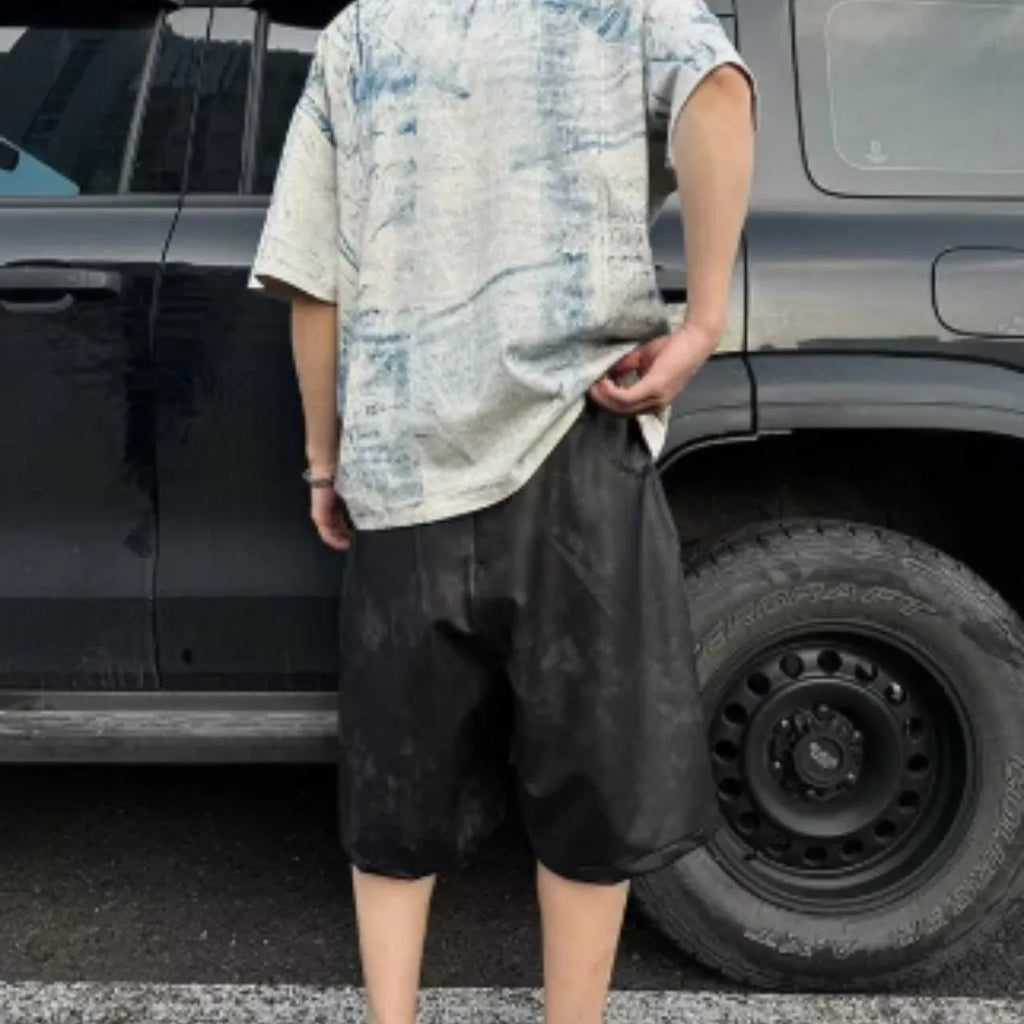 Korean style loose fit short sleeve t-shirt with full graphic print, tie-dye, and distressed wash effects.