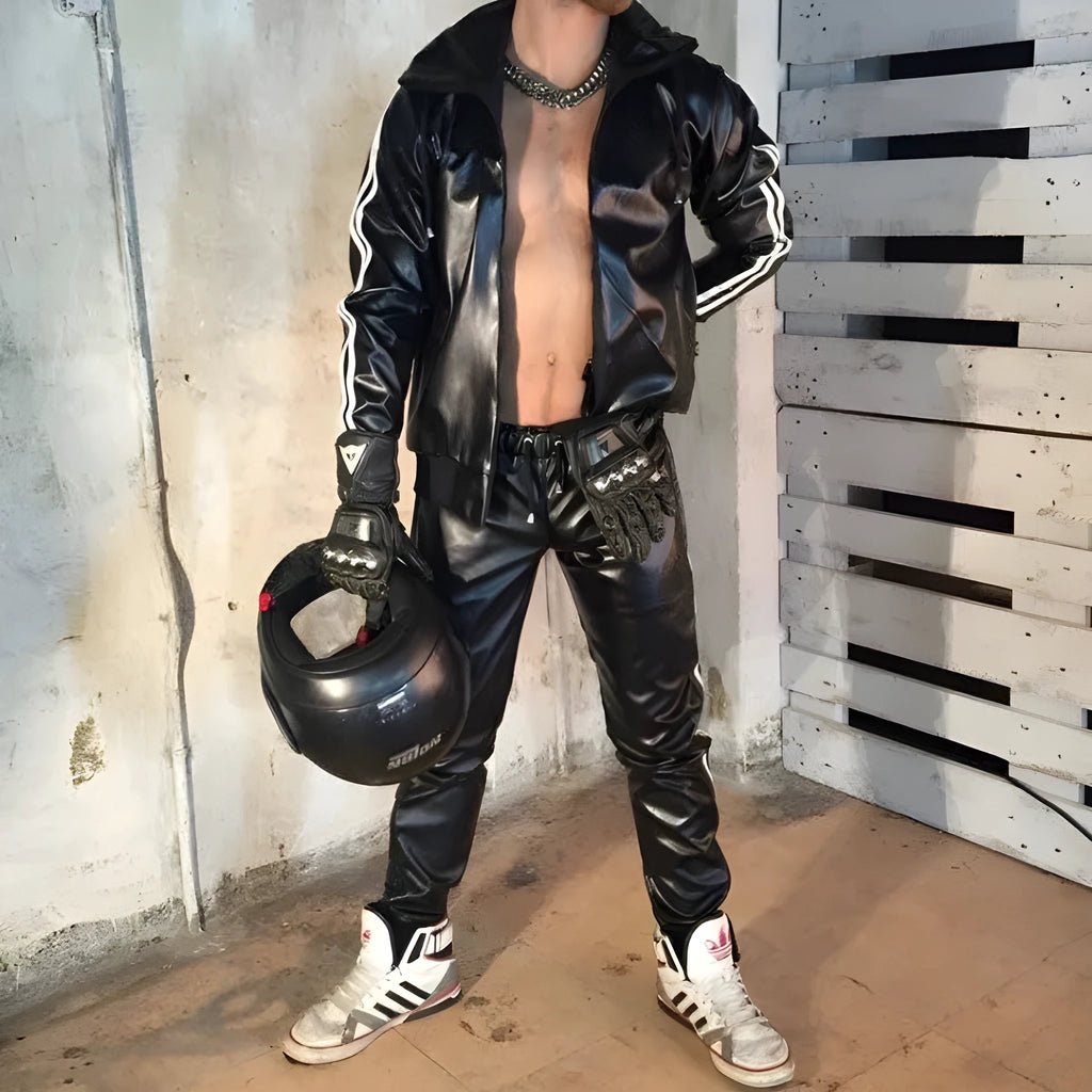 Men's black hooded PU leather sports set with jacket and trousers for autumn athletic wear