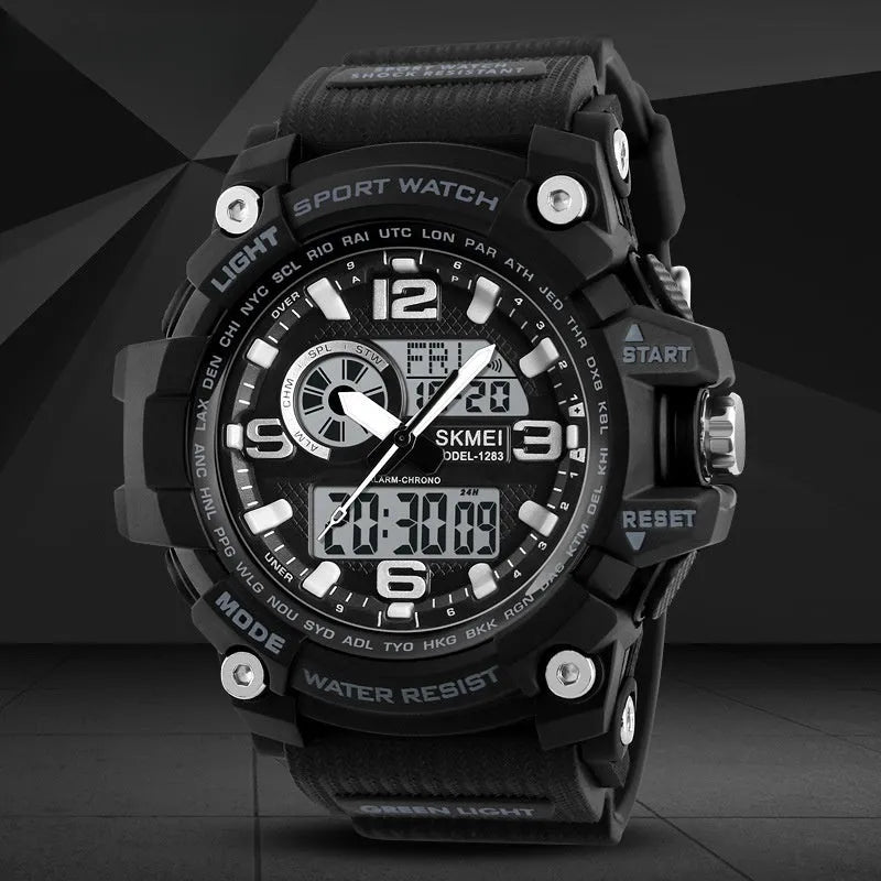 Sports waterproof electronic watch for men with black silicone strap and round dial