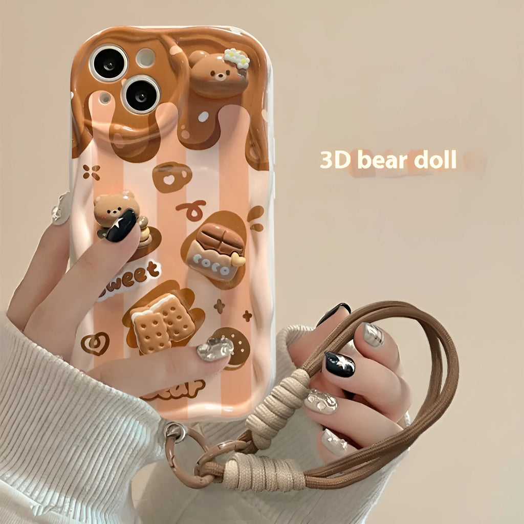 Silicone phone case with chocolate doll lanyard for Apple iPhone in cream pattern, anti-fall protection