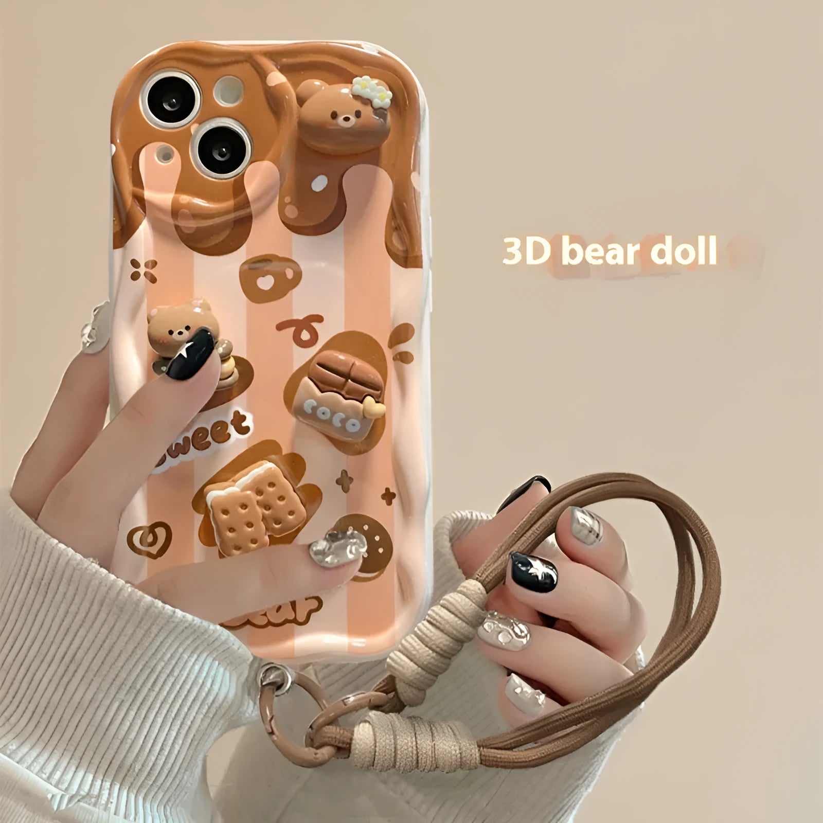 Silicone phone case with chocolate doll lanyard for Apple iPhone in cream pattern, anti-fall protection