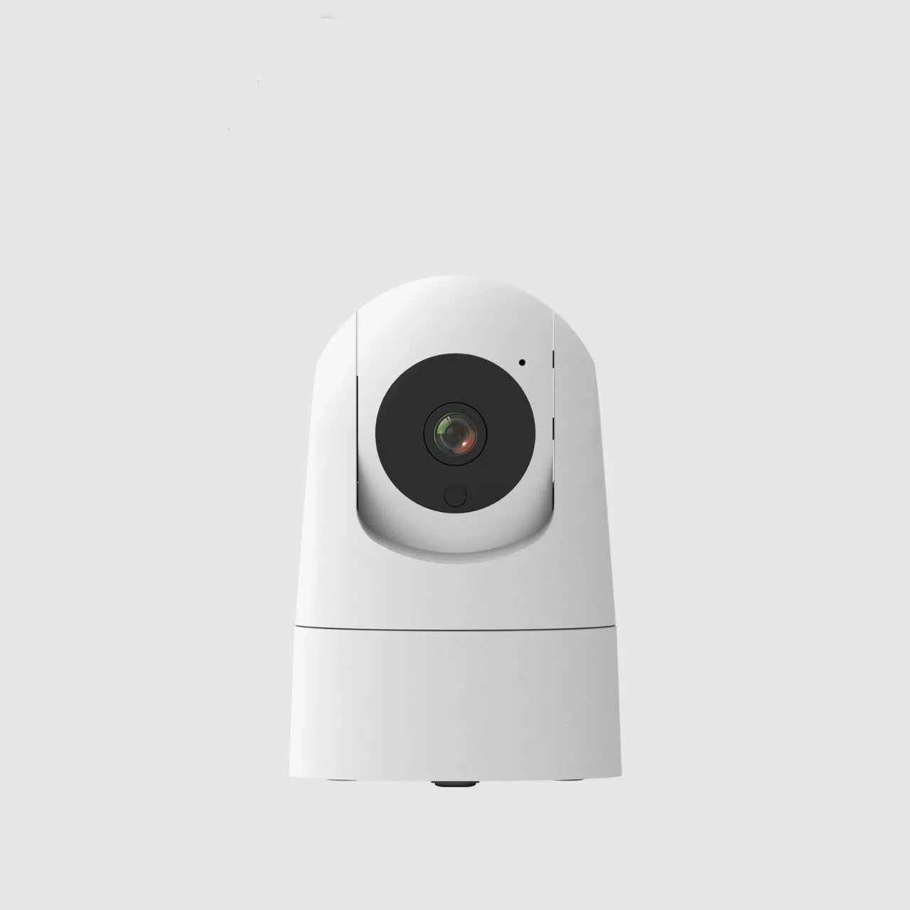 White indoor security camera with remote pan and tilt on a stand, showing 1080p HD and two-way audio features.