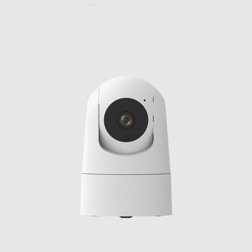 White indoor security camera with remote pan and tilt on a stand, showing 1080p HD and two-way audio features.