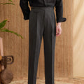 Men's slim fit straight leg business trousers in dark grey, displayed flat.