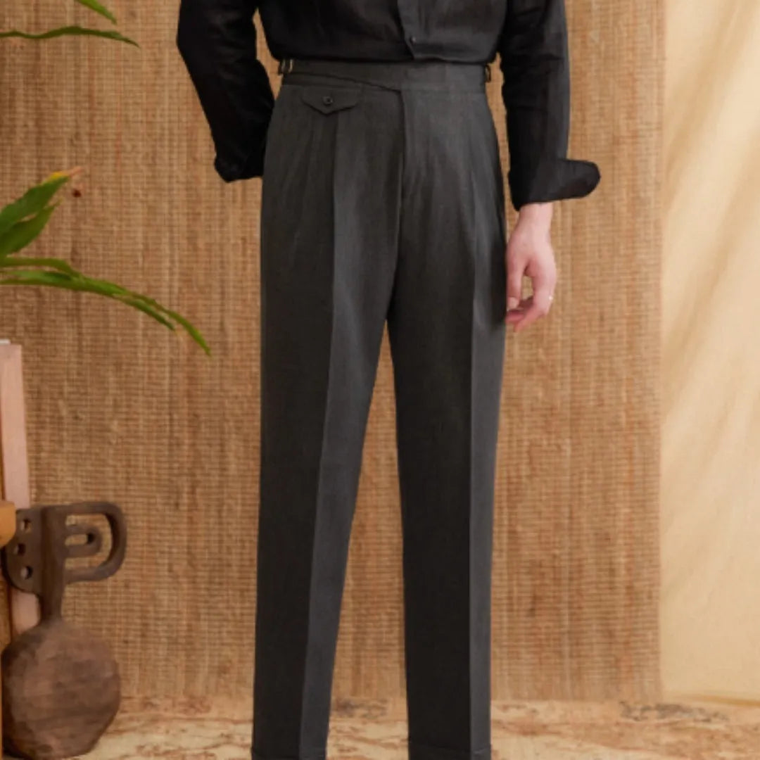 Men's slim fit straight leg business trousers in dark grey, displayed flat.
