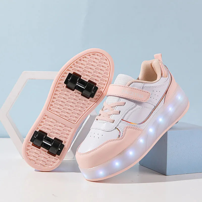 Boys and girls charging flash roller skates with LED lights in multiple colours and wheel configurations