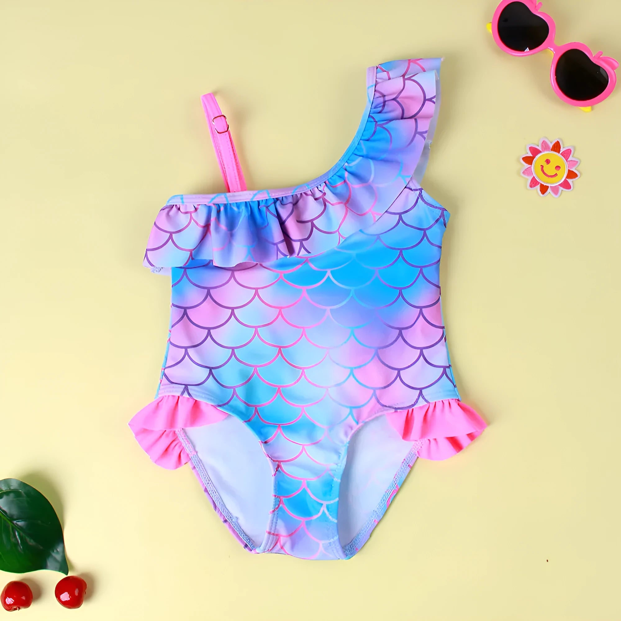 Girls' one-piece swimsuit with blue gradient fish scale print and flounced design.