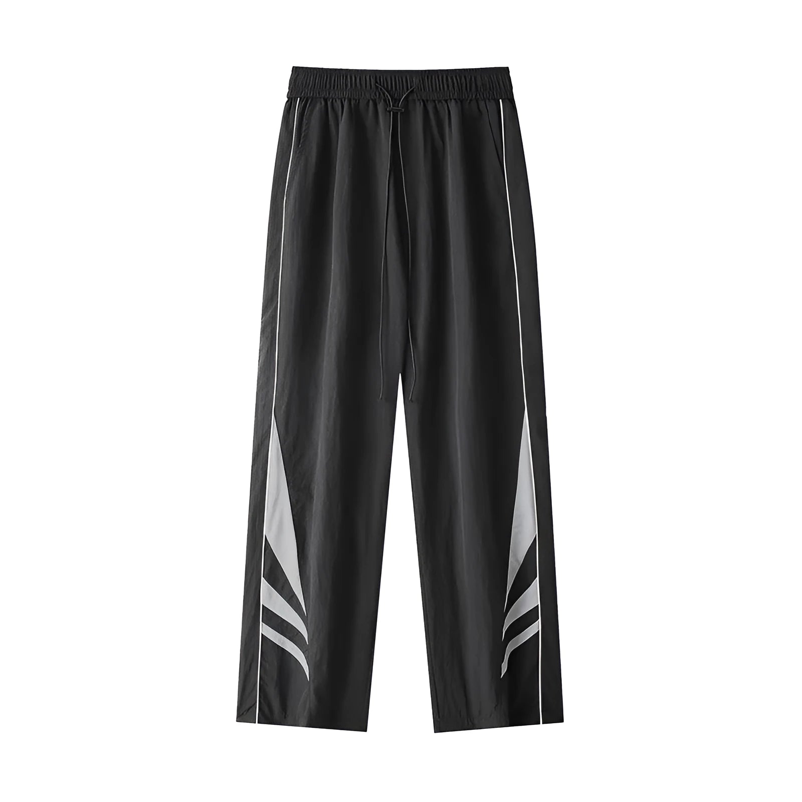 Men's straight leg trousers in black, showing button fly and elastic waistband on a hanger.