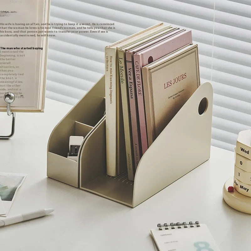 Milk coffee coloured plastic desktop storage box with two internal organiser grids for stationery.