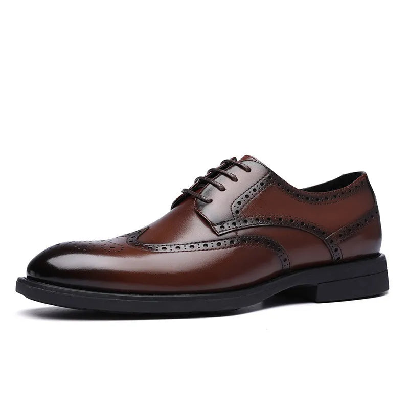 Men's black and brown PU leather brogue shoes for business formal attire.
