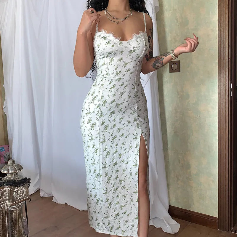 Women's lace flowers print long dress with adjustable suspenders and side slit in blue, green, or red