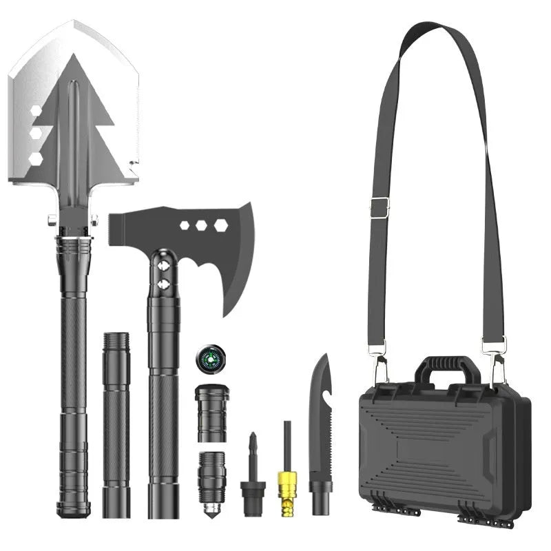 Black multi functional military shovel set with axe and survival tools, 80cm length
