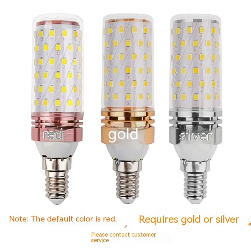 E14 screw base LED corn light bulb showing three colour temperature options: warm, neutral, and white light.