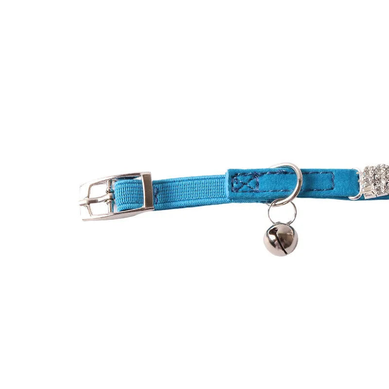 Soft flocking cat collar with elastic buckle and metal gang drill in assorted colours.