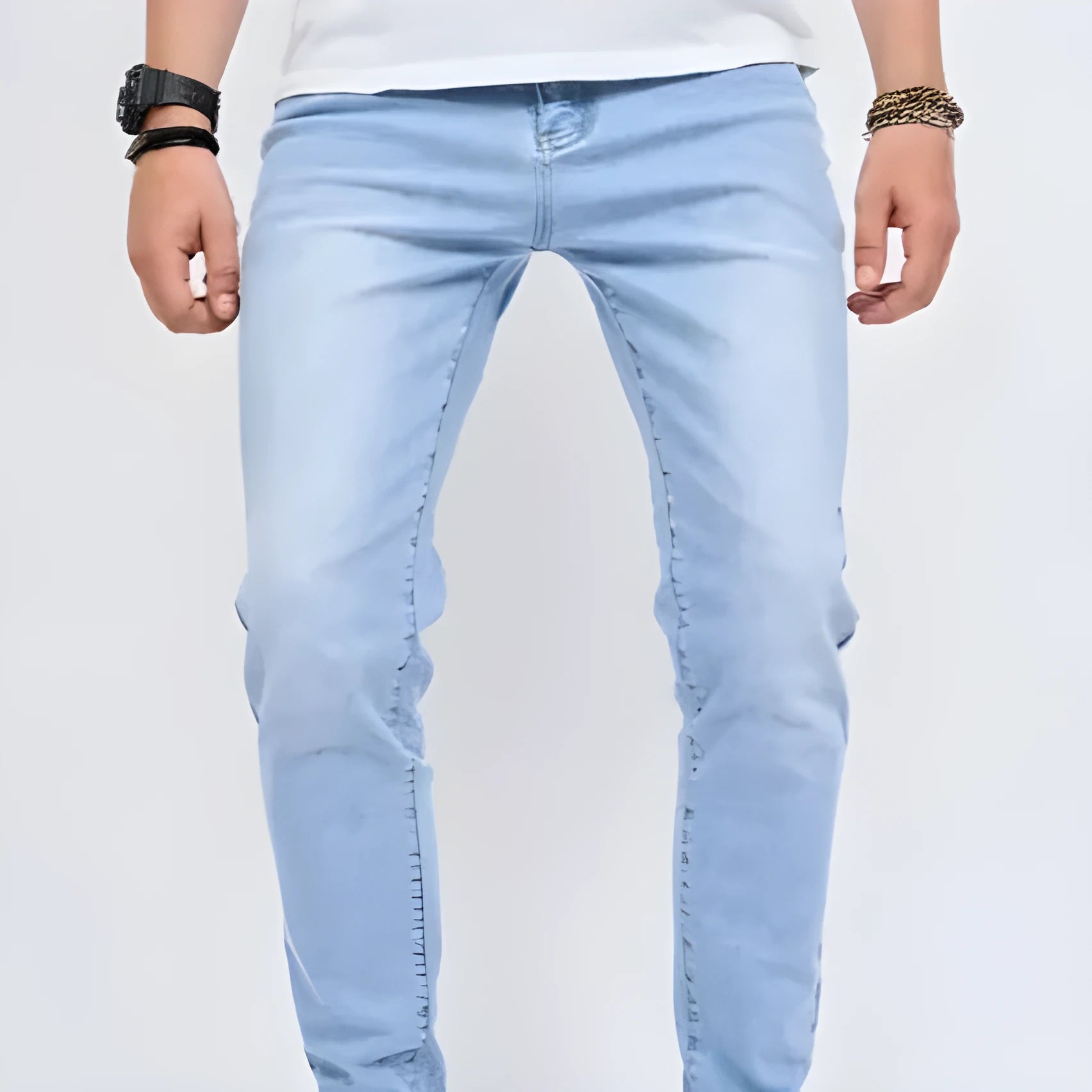 Men's light blue stretch slim-fit jeans cotton trousers side view