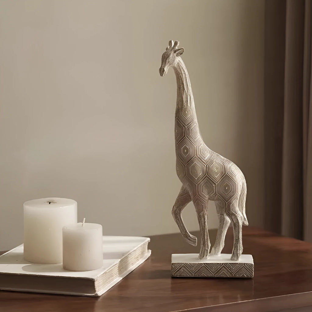 Wood colour synthetic resin giraffe ornament for shelf decoration, 30.5 cm tall.