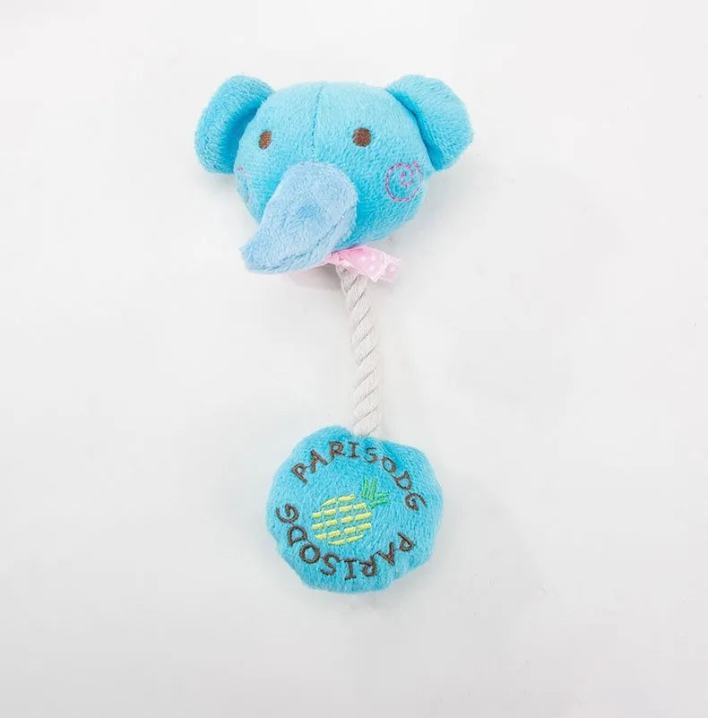 Plush rope dog toy with animal design featuring squeaker and cotton rope centre