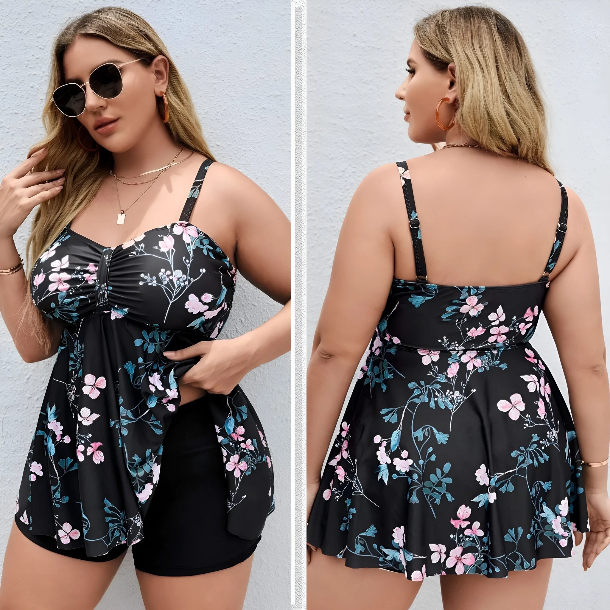 Women's plus size floral print one-piece swimsuit in split colours
