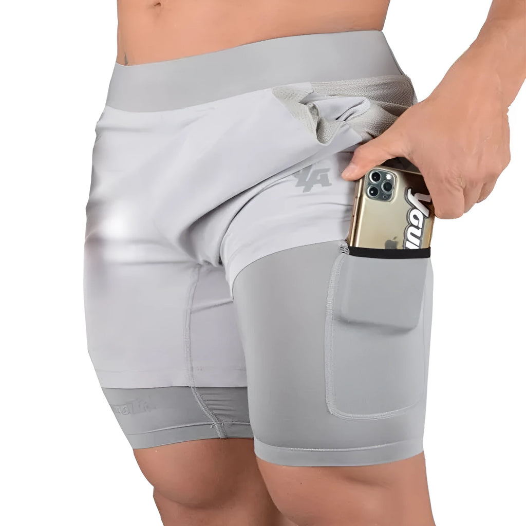 Men's 2-in-1 quick-drying running shorts in grey, featuring double-layer design for phone storage