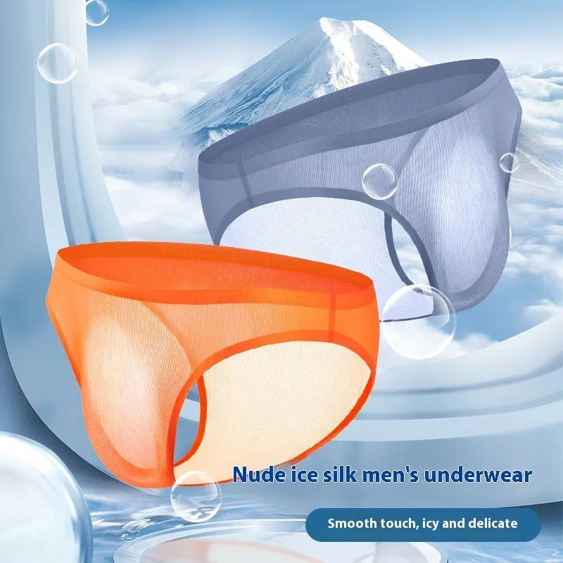 Men's seamless ice silk briefs in a black stripe colour, showing ultra-thin low waist design.