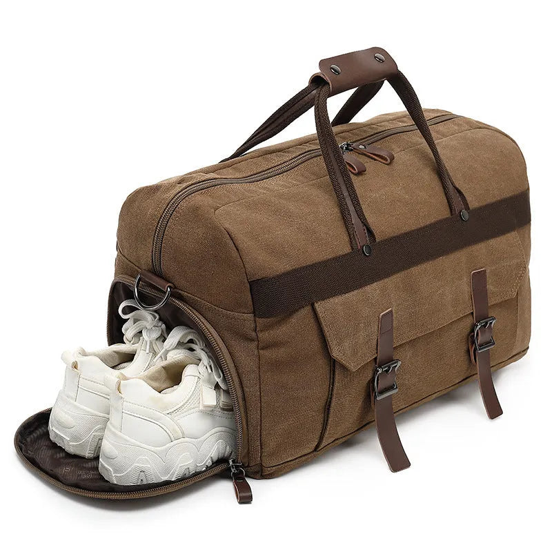 Large capacity crossbody travel bag in canvas material with sewing line details and polyester lining