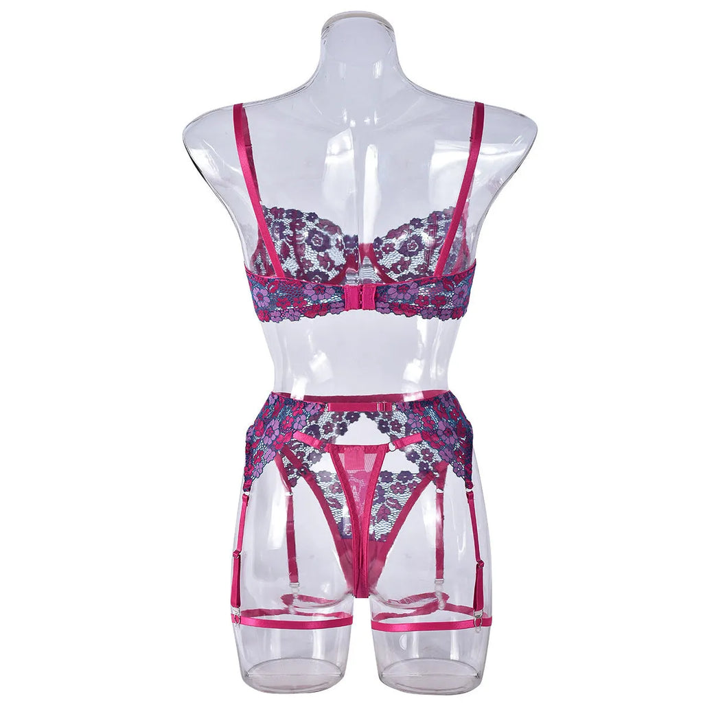 Rose red women's embroidered bikini set with contrast colour details on polyester fabric