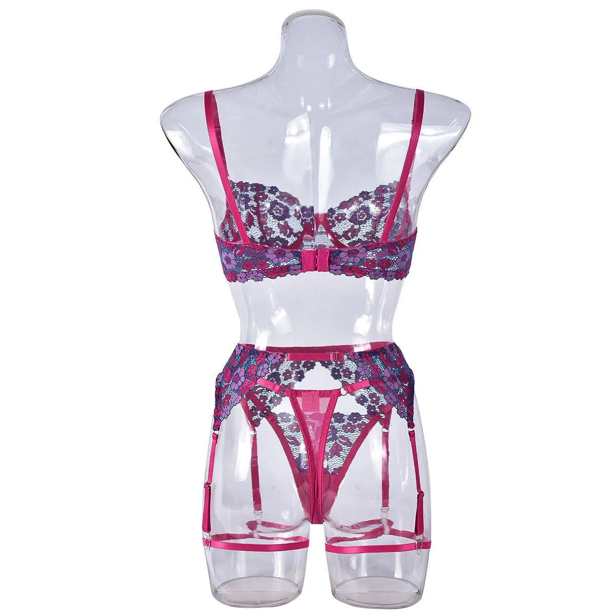 Rose red women's embroidered bikini set with contrast colour details on polyester fabric