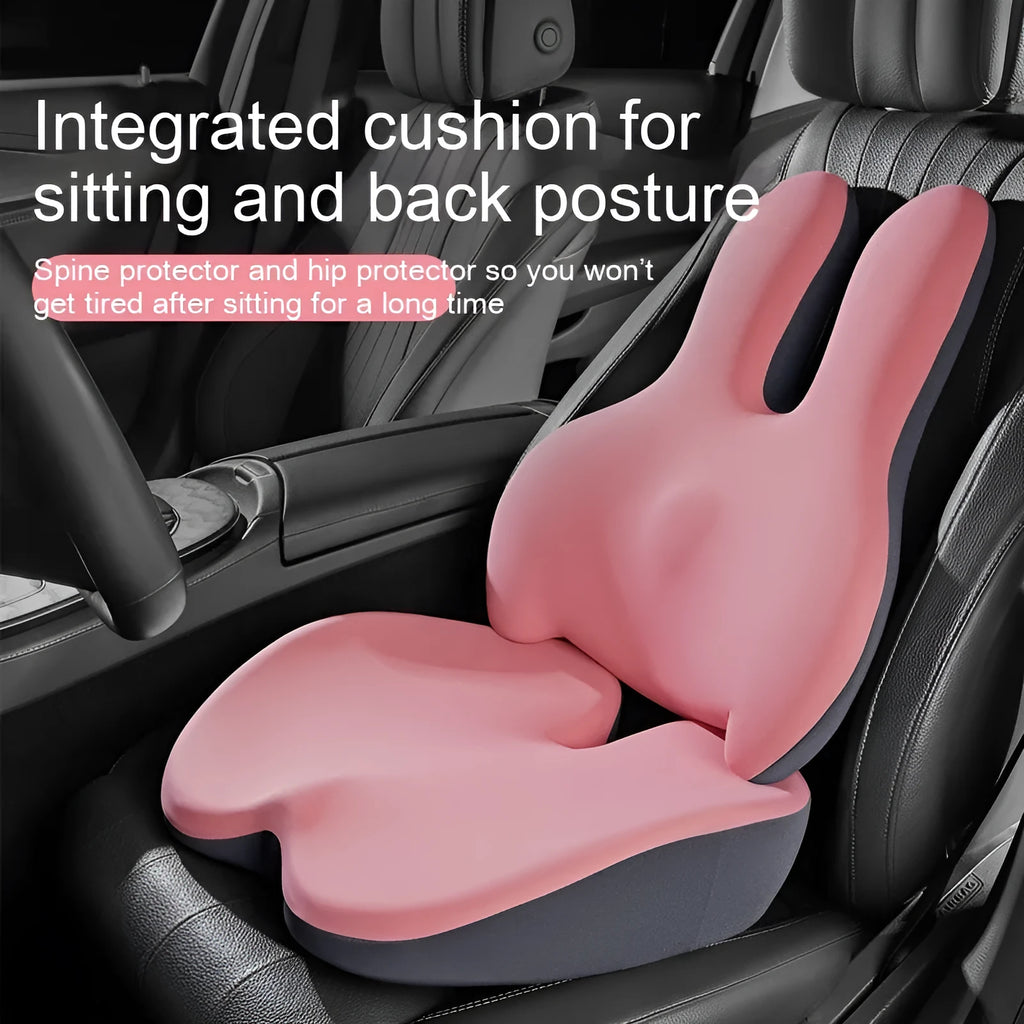 Ink black car seat cushion and lumbar support set on a driving seat.