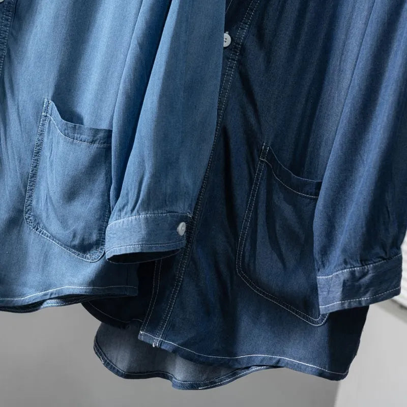 Men's dark blue V-neck denim coat with three-quarter sleeves and loose casual fit