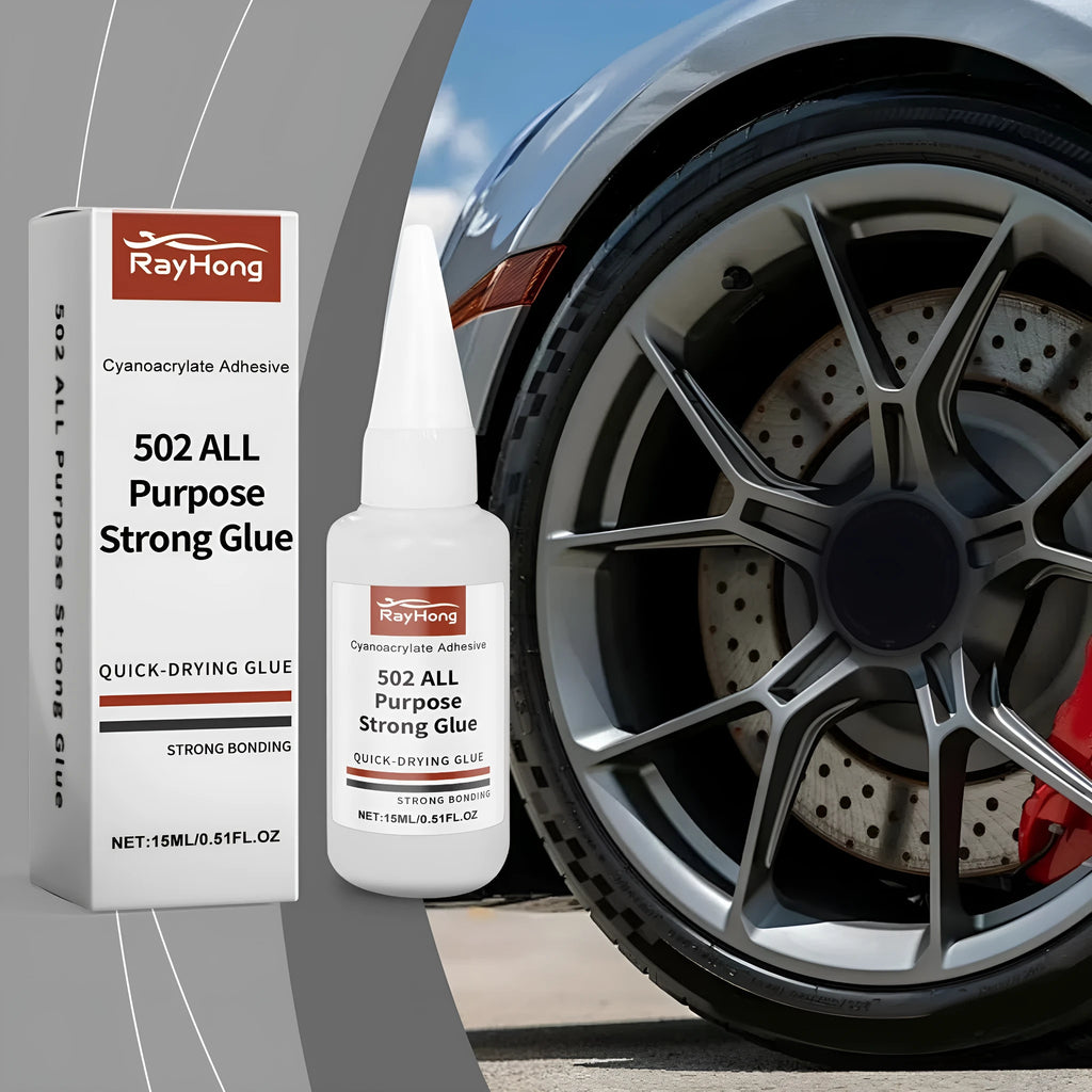 Close-up of a black car tyre repair glue bottle with label showing 15ml net content, next to car tyre