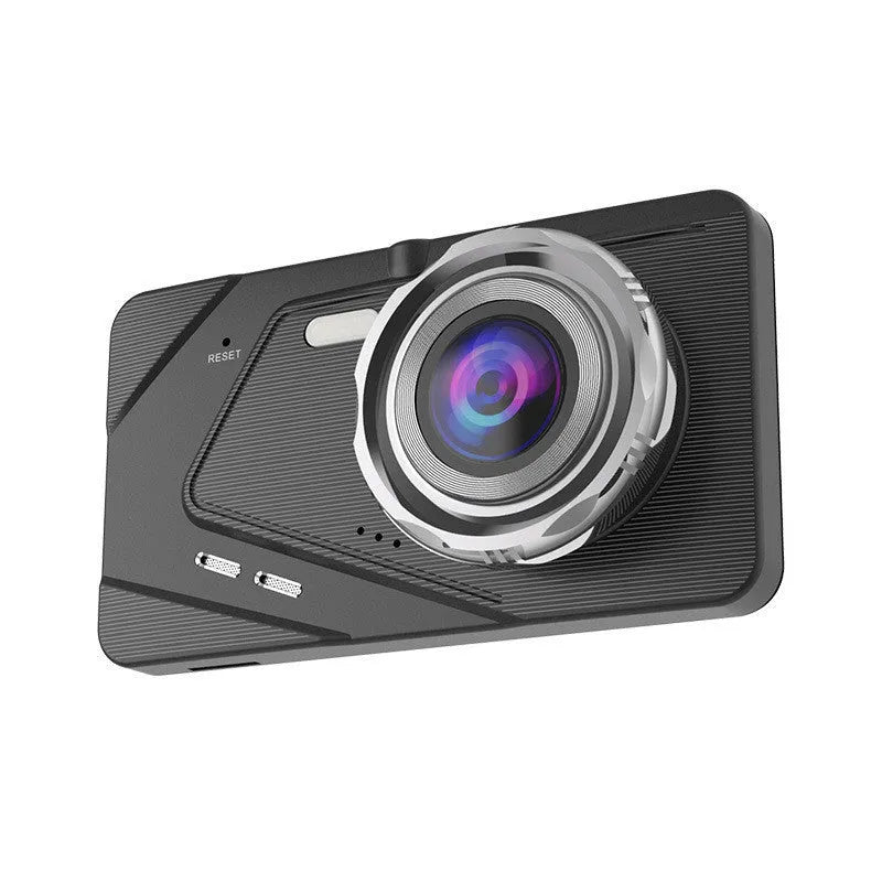 4-inch black exterior dashcam with dual lens and 170° wide angle on car dashboard