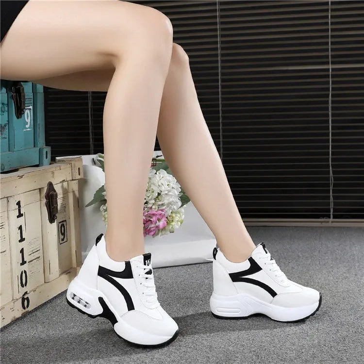 Women's white wedge platform shoes with PU upper round toe and 6-8CM heel