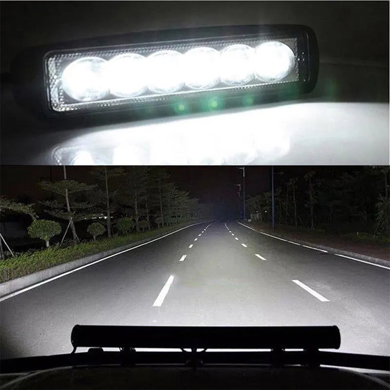 Black die-cast aluminium automotive auxiliary light with six LEDs and a mounting bracket.