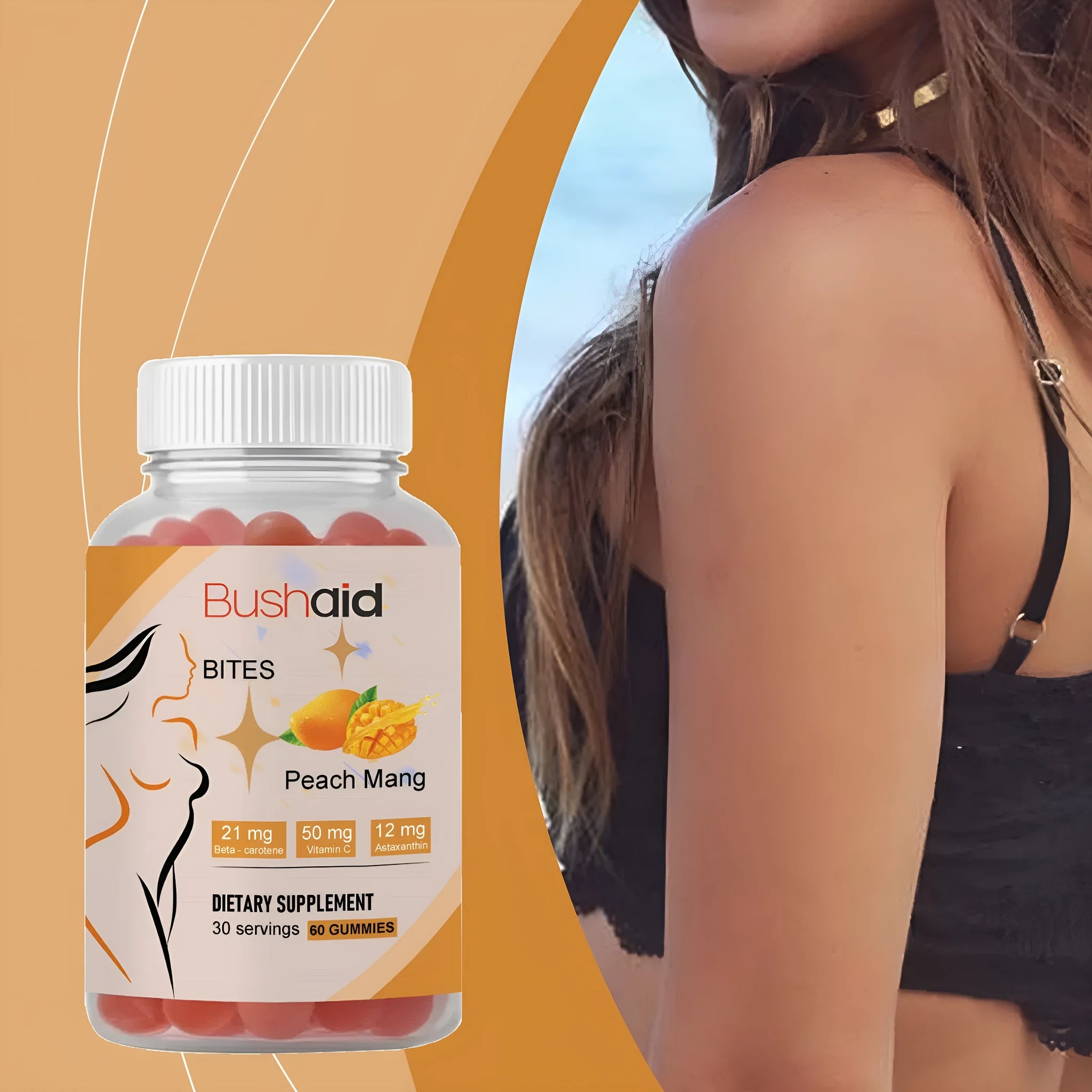 Jar of BUSHAID Tanning Gummy Candies, a 60-count dietary supplement containing Astaxanthin, Lycopene, Zinc and vitamins.