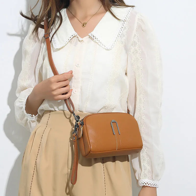 Square horizontal genuine leather women's shoulder bag in dark khaki colour.