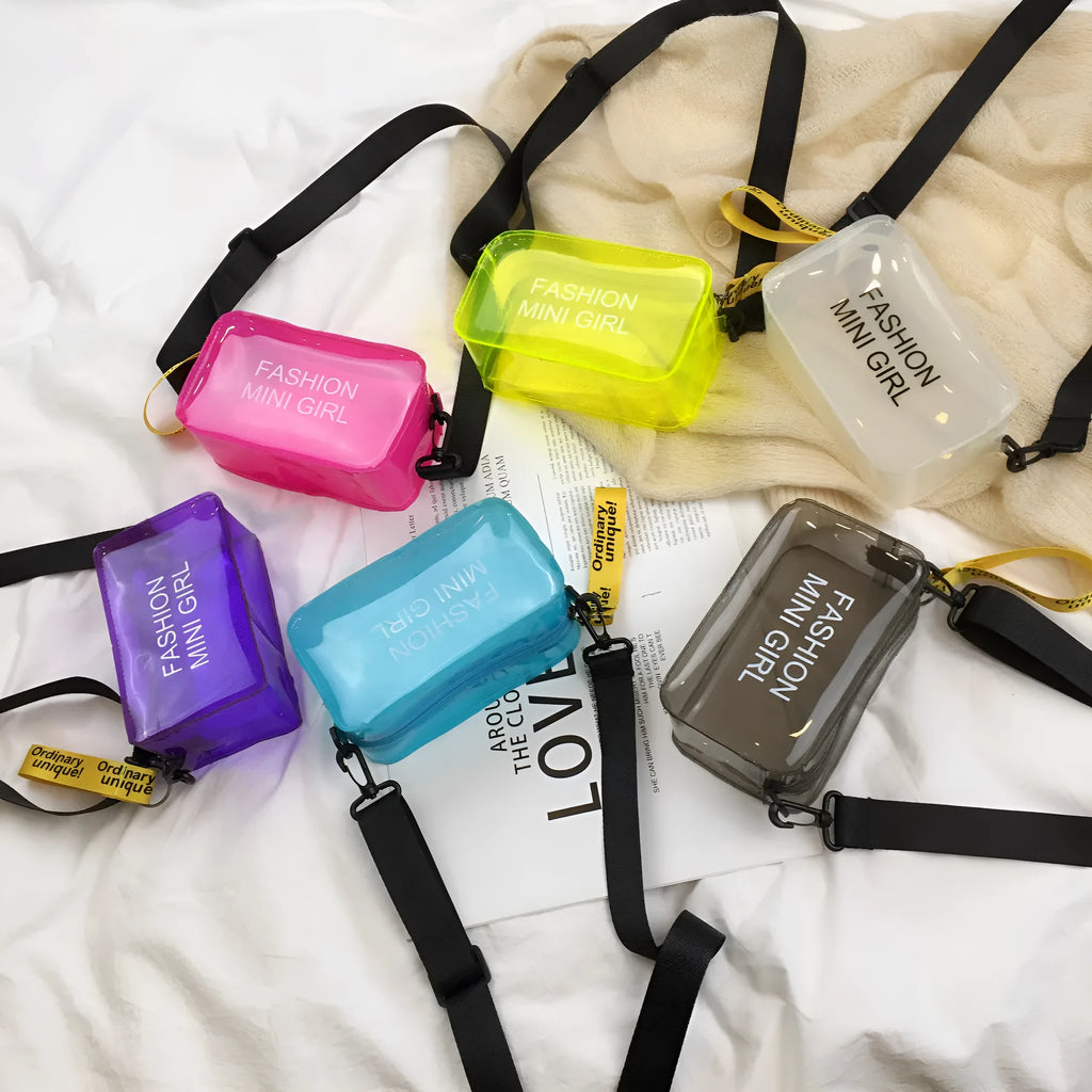 Transparent square jelly women's shoulder bag with adjustable strap shown in multiple colours.
