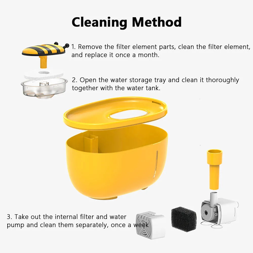 Yellow cat water fountain with filtration system, water pump, observation window, and anti-slip base
