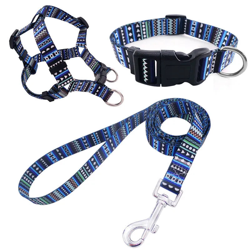 Printed polyester dog walking set with collar, adjustable chest strap and rope leash in multiple colour patterns
