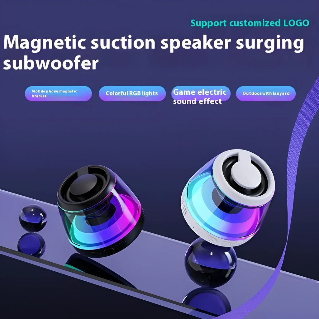 White or black mini Bluetooth speaker with magnetic back, ambient light, and card slot.