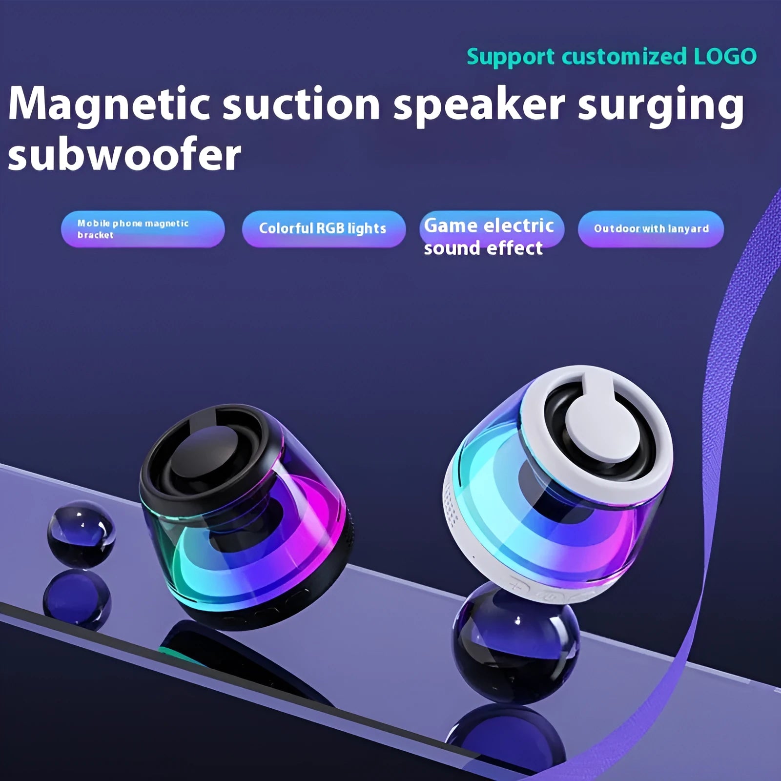 White or black mini Bluetooth speaker with magnetic back, ambient light, and card slot.